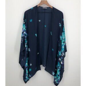 Catherines Floral Kimono Cardigan Women One Size Navy Open Front Lightweight